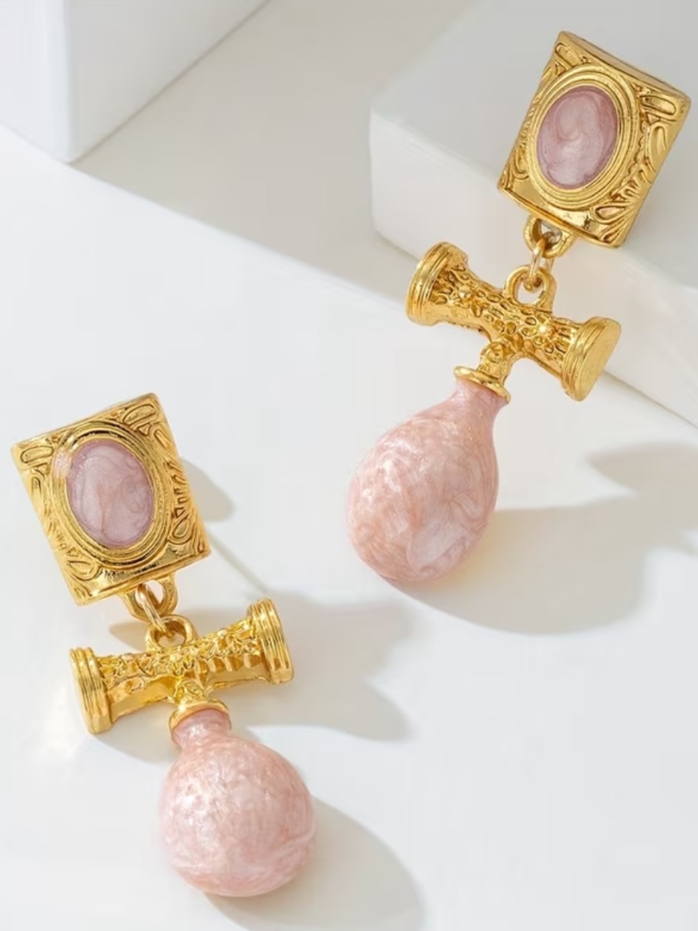 Elegant Gold & Pink Drop Earrings — Women Jewelry